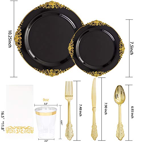 Hioasis 175pcs Black and Gold Plates - Black Party Plates for 25 Guest, Include 50 Heavy-duty Plates(20% Thicker Than Standard), 75 Cutlery Set, 25 Napkin, 25 Cups for Graduation - color: Black and Gold