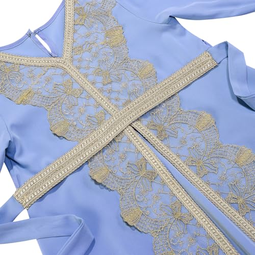 FYMNSI Kids Girls Muslim Abaya Dress Modest Lace Belted Prayer Dress Islamic Maxi Robe Kaftan Ramadan Arabian Dubai Clothes - color: Blue, size: 6-7 Years