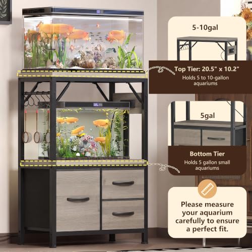Heybly 5-10 Gallon Fish Tank Stand, Aquarium Stand with Drawer, Power Outlet, Heavy Duty Metal Frame, for Fish Tank, Turtle & Reptile Terrarium, 20.5" × 10.2" Top, 200lbs, Rustic Gray HAS002SSG-1 - color: Greige, size: 5-10 gal