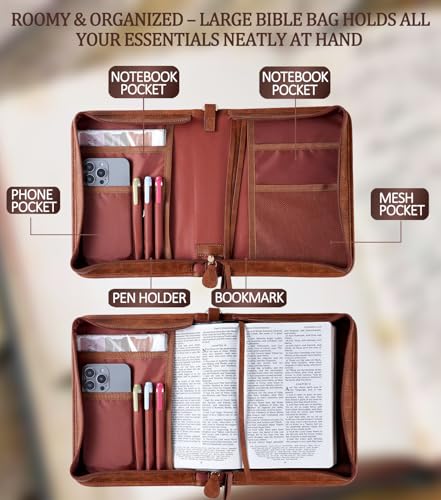 Vegan Leather Bible Cover Case, Bible Bag with Phone Pocket, Bible Case for Men Women, Christian Gift Box Packaging (Brown - with Strap) - color: Brown - With Strap