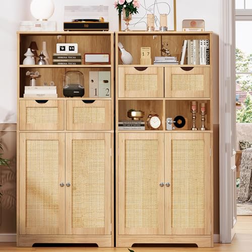 Iwell Tall Storage Cabinet, Rattan Cabinet with 2 Drawers & Adjustable Shelf, Kitchen Pantry Storage Cabient, Entryway Cabinet for Living Room, Dining Room, Home Office, Natural - color: Natural, 2 Drawers