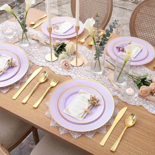 WDF Partyware 175PCS Purple Plates Disposable - Lavender Plastic Plates 25Guests Plastic Dinnerware with Rolled Napkins for Birthday/Spring/Baby Shower/Birthday - color: Purple, size: 175PCS