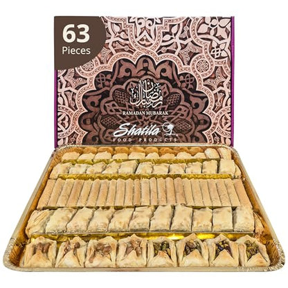 Shatila Food Products Ramadan Assorted Fillo Baklava Box, Assorted Baklawa Pastry, Mediterranean Sweets Arabic Desserts, Eid Gifts, 6lb, 63-Pieces - size: 60 Pieces