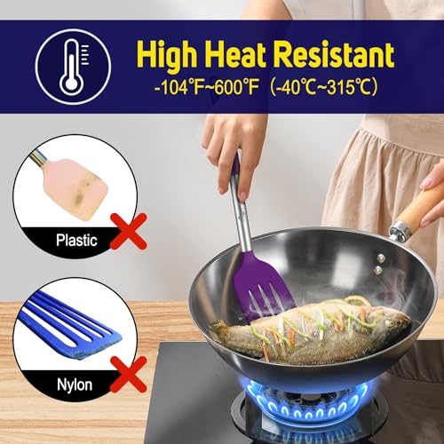 HOTEC Silicone Spatula Set of 2 Heat-Resistant 600°F & BPA-Free Kitchen SaptulaTurner with Stainless Steel Handles, Slotted & Solid Spatulas for Nonstick Cookware, 13.7 Inch, Purple - color: Purple