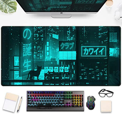 Cyan Green Japanese Desk Mat, Neon Tokyo Extended Mouse Pad Anime Cat Desk Pad, Gaming Mousepad XXL, Large Keyboard Mat for Gamers, Cool Computer Mat for Desk with Stitched Edges 31.5X15.7 in - color: Q-vaporwave Ice Blue City