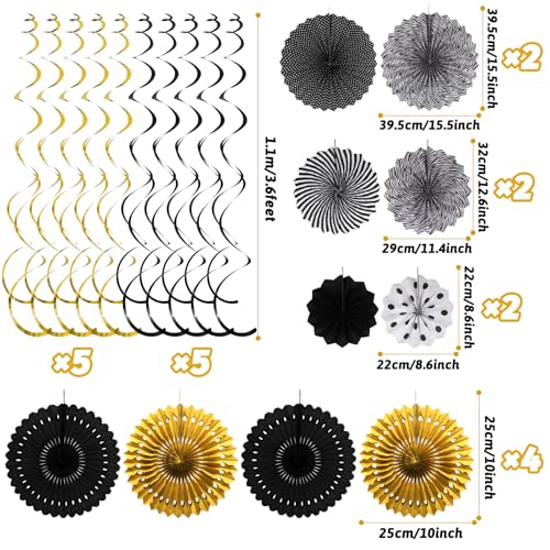 Black Gold Party Decorations, New Years Eve Party Supplies Easy Assembly Paper Fan Honeycomb Ball Garland Hanging Swirl for Graduation Congrats Grad Birthday Happy New Year Party
