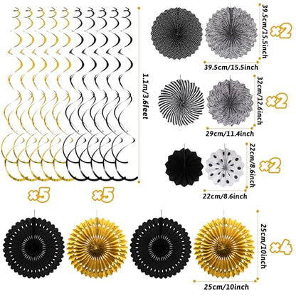 Black Gold Party Decorations, New Years Eve Party Supplies Easy Assembly Paper Fan Honeycomb Ball Garland Hanging Swirl for Graduation Congrats Grad Birthday Happy New Year Party