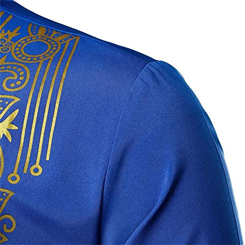 Kurta for Men Muslim Kaftan Button Up Henley Shirts Casual Ethnic Printed Long Sleeve Thobe Caftans Robes - color: Blue, size: XX-Large