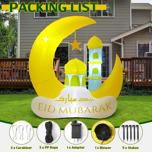 RoundFunny Ramadan Inflatable Outdoor Decorations Muslim Yard Decor with LED Lights Eid Mubarak Inflatables Islamic Blow Moon Castle for Celebrate Fasting Introspection Prayer