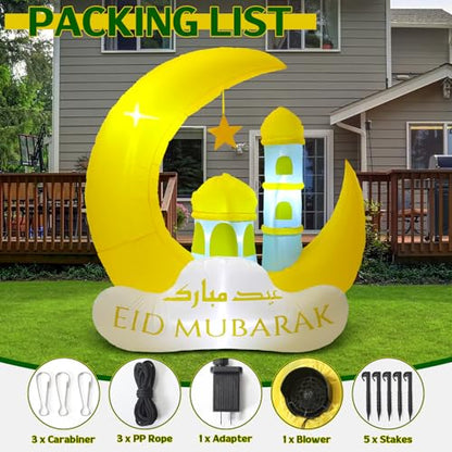 RoundFunny Ramadan Inflatable Outdoor Decorations Muslim Yard Decor with LED Lights Eid Mubarak Inflatables Islamic Blow Moon Castle for Celebrate Fasting Introspection Prayer