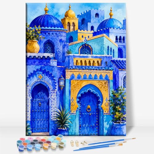 Aeontinity Blue City Morocco Islam Framed Canvas DIY Paint by Numbers Kit Bar Cafe Cave Home Room Wall Bathroom Porch Patio Decor Gift, 16 x 12 Inch - color: BLUE CITY MOROCCO - 16 x 12 Inch