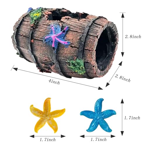 Star-Fish Broken Barrel Betta Fish Tank Decorations, Fish Aquarium Decorations Broken Barrel x 1pc, Tank Accessories Ornaments Starfish x 2pcs(Yellow and Blue