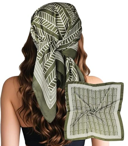 Sumolux Head Hair Scarf for Women Like Satin Silk Scarf Bandana Hair Wrapping Night Large Square Scarves 27.5" - color: Green Leaves