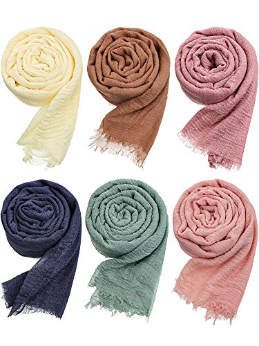 Geyoga 6 Pcs Women Cotton Scarf Crinkle Hijab Wrap - color: Stylish Colors