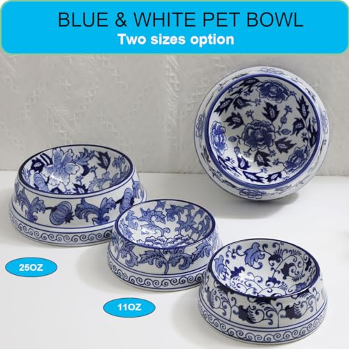 Aimusego Hand-Painted Ceramic Dog Bowl Blue/White Durable Dog Cat Food and Water Pet Dish 11OZ - color: Blue rosette scrolls, size: Small (11OZ)