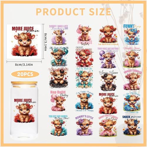Highland Cow UV DTF Cup Wraps - 20 Sheet Cute Highland Cow UV DTF Transfer Stickers, Cartoon UVDTF Cup Wraps for Glass, Waterproof Transfer Sticker, DIY Crafts - color: Cow175