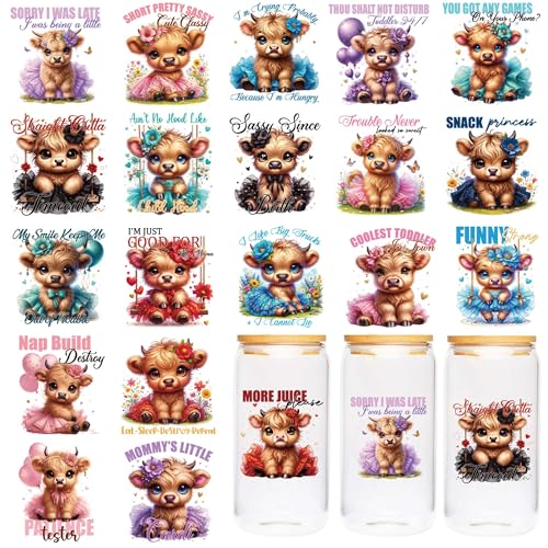Highland Cow UV DTF Cup Wraps - 20 Sheet Cute Highland Cow UV DTF Transfer Stickers, Cartoon UVDTF Cup Wraps for Glass, Waterproof Transfer Sticker, DIY Crafts - color: Cow175