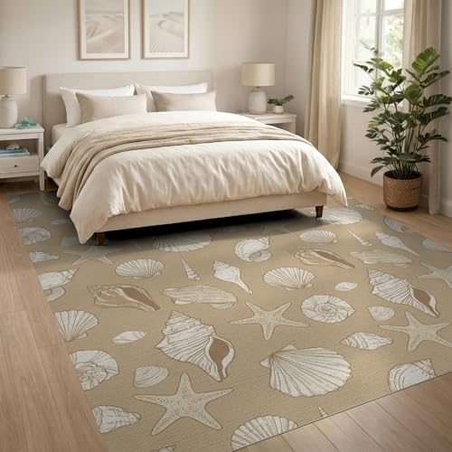 8'x10' Beige Beachy with Rustic Ocean Shell Washable Area Rug | Scattered Seashells Design, Starfish and Conch for King Size Bedroom Under Bed, Master Suite, Non-Shedding, Easy Care - color: Beige/Pattern 24, size: 8' x 10' (Rectangular)