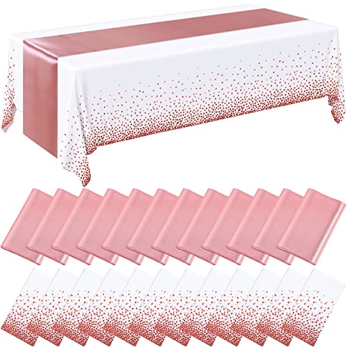 Breling 24 Packs Rose Gold and White Disposable Tablecloths and Satin Table Runner Set, 54 x 108 Inch Plastic Tablecloth, 12 x 108 Inch Table Runners for Wedding Birthday Baby Shower Party Decoration - color: White and Rose Gold