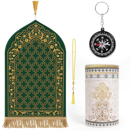 Prayer Mat Ramadan Gifts - Green Prayer Rug Islamic Praying Tasbih Beads Compass, Muslim Praying Carpet for Men Women Eid Salah Namaz Meditation, Gifts for Eid Ramadan - color: Green