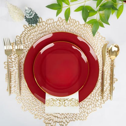 MirthMood 210pcs Red Plastic Plates,Disposable Red Gold Party Plates,Include 30 Dinner,Dessert Plate,30 Cup&30 Napkins, 90 Gold Silverware for Wedding & Party & Birthday（Plum Red） - color: Plum Red, size: 210