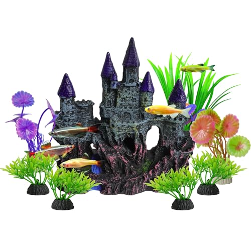 Aquarium Resin Castle Decor with 7 Pcs Artificial Plastic Plants, Fish Tank Decorations Accessories Set Landscaping Ornaments for Betta Guppies Shrimp Hideout Cave
