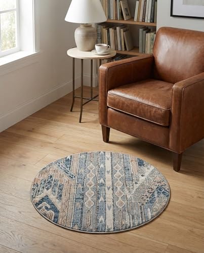 Rugs.com - Oregon Rug – 3 Ft Round Navy Blue Stain-Resistant Rug – Retro Tribal Motif for Entryways, Bedrooms, and Home Offices - color: Navy Blue, size: 3' (Round)