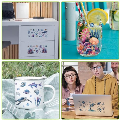 arricraft 10 Pcs Colorful Marine Animal Theme Cup Printing UV Transfer Papers, 10 Styles Sea Animal Shell Octopus Seahorse Mermaid UV DTF Cup Wrap Stickers for 16 OZ Glass Cups Crafts 9.5x4.3inch - style: Colorful Marine Animal Theme 02