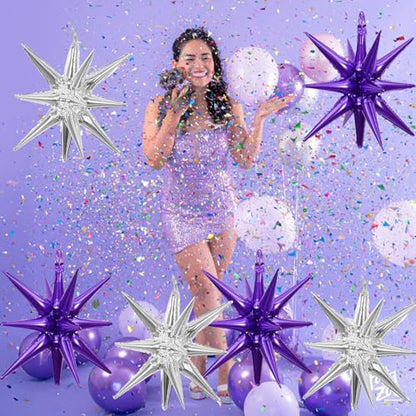 6 Pcs Silver Star Foil Balloons One-Piece 14-Pointed Star Balloon 4D Starburst Cone Mylar Balloon 22inch Christmas Birthday Wedding Wedding Anniversary Party Supplies (Silver + Purple) - color: 22 Inches Silver + Purple