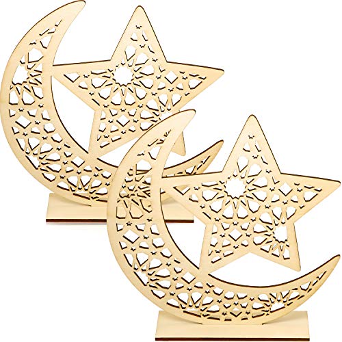 WILLBOND 2 Sets Ramadan Wooden Ornament, Ramadan Mubarak Decorations Eid Mubarak Table Sign Ornament Moon Star Pendant for Home Tree