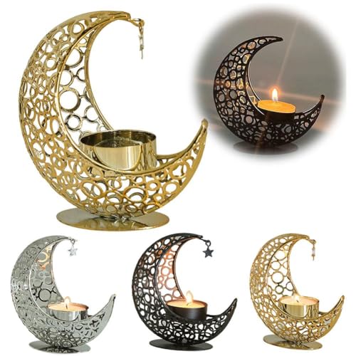 Crescent Moon Candle Holder with Star - Metal Tealight Stand for Ramadan Decor, Candlestick Holder Eid Mubarak, Boho Moon and Star Decorative Ornament for Bedroom, Living Room,Meditation Centrepiece