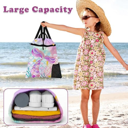Pink Mermaid Drawstring Backpack, 15” x 17” Waterproof Swim Bag for Beach Swimming Pool, Lightweight Foldable Gym Bag with Water Bottle Holder for Sports Travel - color: Pink Mermaid