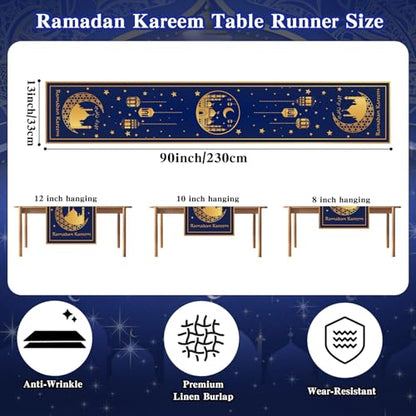 Eid Mubarak Table Runner, Ramadan Decorations, Ramadan Kareem Table Runner, Blue and Golden Moon Star Ramadan Holiday Table Decorations for Eid Mubarak Home Kitchen Dining Party Supplies, 13" X 90" - size: 13" x 90"