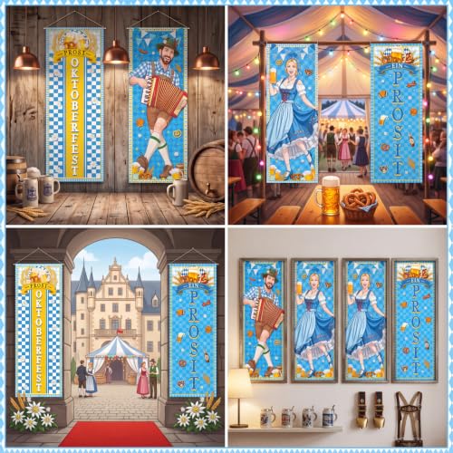 Panelee 4 Pcs Oktoberfest Party Decorations Oktoberfest Prosit Couple Porch Banners Bavarian Hanging Banner Backdrop for German Theme Beer Festival Indoor Outdoor Wall Hanging Decor - style: Oktoberfest