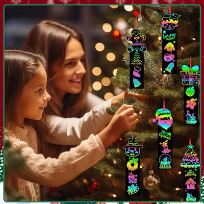 JUNEBRUSHS 30Pcs Christmas Scratch Bookmarks, Rainbow Magic Scratch Paper Art Christmas Tree Santa DIY Crafts Kit for Xmas Hanging Ornaments Christmas Party Favors Gifts - style: Christmas Style