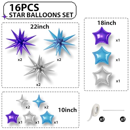 Blue Purple Silver Star Balloons,16Pcs 22/18/10 Inch Foil Galaxy Decor - color: Blue Purple Silver