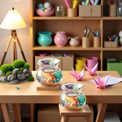 2 Pieces Miniature Fish Bowl Set, Round Resin Fish Tanks with Goldfish Grass, Dollhouse Accessories Decor for Dollhouse Desktop Craft Project Decor