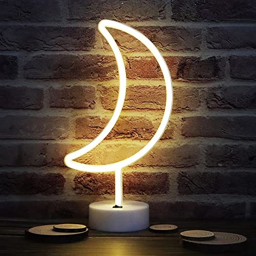LED Moon Neon Signs, Crescent Night Lights Ramadan Decor USB Battery Operated Moon Lamp for Birthday Party, Wedding, Halloween, Christmas Decorations-Holder Base(Warm White) - color: Moon With Holder Base(warm White)