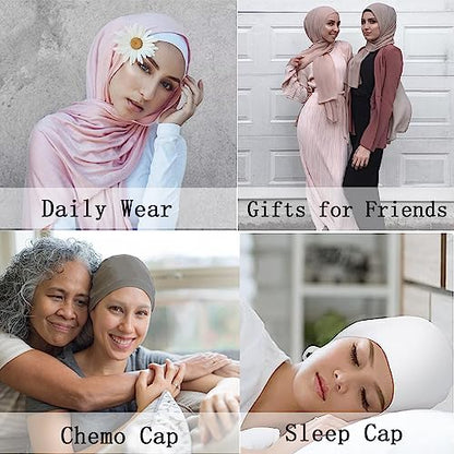 Women Under Scarf Hat Hijab Undercap Islamic Muslim Under Scarf Hijab Cap with Tie-Back Closure - color: Pink2+light Khaki2