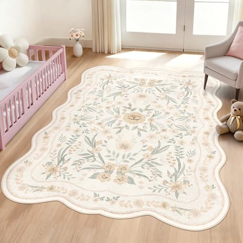 Scalloped Floral Rug 5x7, Neutral Beige Washable Non Slip Area Rug for Bedroom, Soft Low Pile Cream Cottagecore Rug for Girls Room, Nursery, or Reading Nook - color: Beige Scalloped, size: 5' x 7' (Rectangular)
