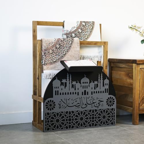 Elegant Wooden Quran Stand Prayer Mat Holder – Islamic Home Décor, Prayer Rug Organizer, Ramadan & Eid Gift, Decorative Wooden Islamic Accessories, Quran Display Holder for Mosque & Home Black-Silver - color: Black-silver