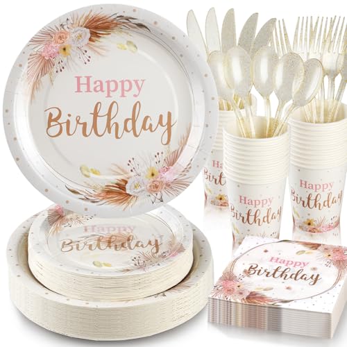 Boho Birthday Decorations for Women, Neutral Birthday Plates and Napkins Party Supplies 168Pcs, Happy Birthday Plates and Napkins Set for Boho Floral Champagne Cream Beige Party, Serve 24 - color: Boho Birthday