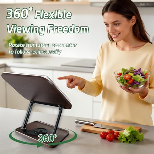 Book Stand for Desk, 360° Rotating Cookbook Holder for Hands-Free Reading Recipe Book Holder with Page Clips, Adjustable Height for Textbooks, Comics, Sheet Music - style: Book Stand(Walnut Finish)