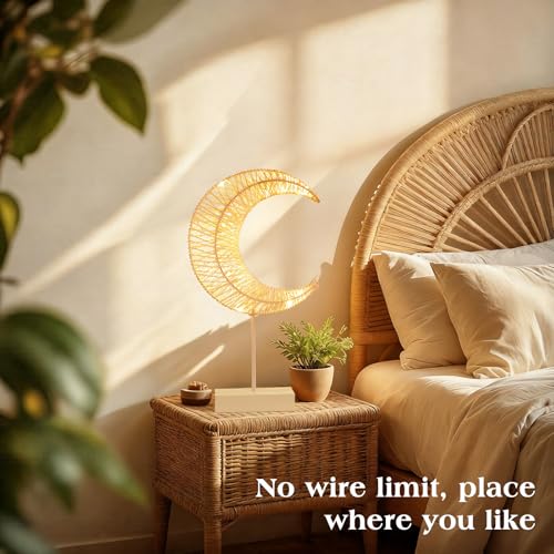 Lewondr Ramadan Decorations Moon Table Lamp, Moon Shape Rattan Ramadan Desk Lamp Battery Powered Light, Winding Thread LED Crescent Light for Home Bedroom Bedside Desktop Eid Mubarak Decorations - style: Warm White Moon