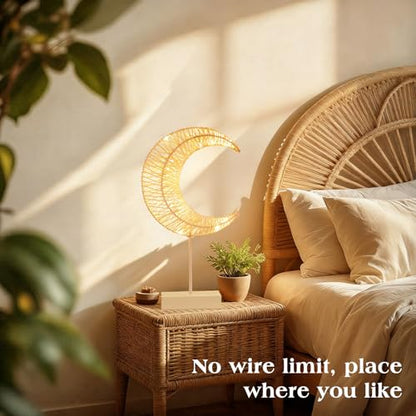 Lewondr Ramadan Decorations Moon Table Lamp, Moon Shape Rattan Ramadan Desk Lamp Battery Powered Light, Winding Thread LED Crescent Light for Home Bedroom Bedside Desktop Eid Mubarak Decorations - style: Warm White Moon