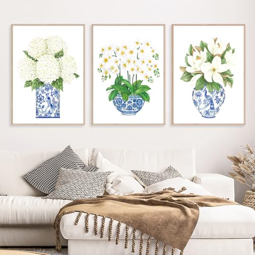 LUHDFYS White Orchid & Magnolia Watercolor Chinoiserie Decor Canvas Print Oriental Vase Blue White Willow Style Porcelain Flower Jar Unframed - color: Chinese Flower Prints, size: 12x16Inch Unframed