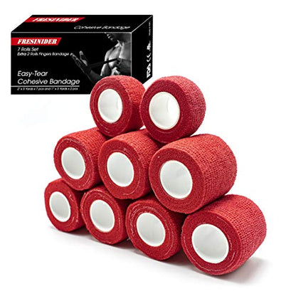 FRESINIDER 9 Rolls Self Adhesive Wrap Athletic Tape Gauze, Breathable Elastic Cohesive Bandage for Sports Injury & Pet (7 Pcs 2" x 5 Yards + 2 Pcs 1" X 5 Yards) (Red) - color: Red