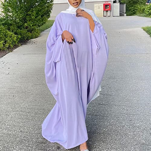 Muslim Dress for Women Pakistani Kaftan Abaya Robe + Hijab Arabic Islamic Prayer Clothes Dubai Outfits - color: Light Purple Set