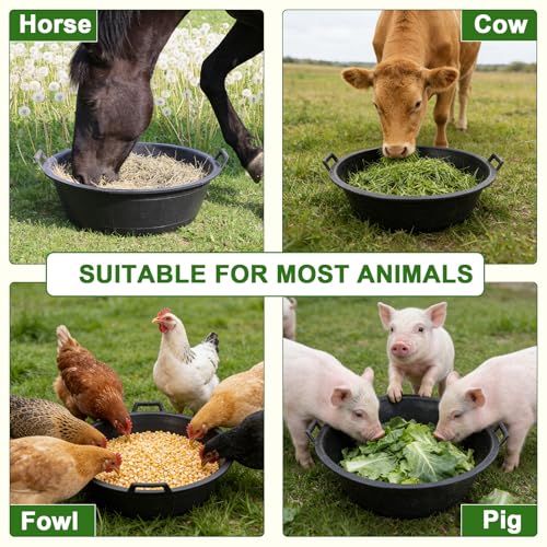 4Pcs Large Rubber and Plastic Feed Pan with Handle, 8.6 Gallon 34 Quart | Utility Horse Feed Bucket, For Cats Dogs Goats Chicken, Dust Bath Container, Animal Feeding Watering Bowl