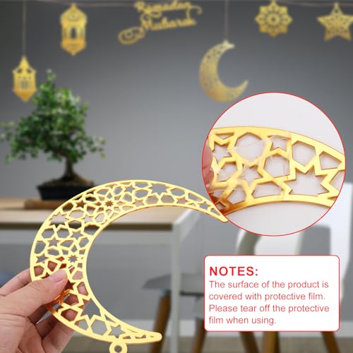 6pcs Ramadan Ornaments, Acrylic Ramadan Kareem Decoration Eid Mubarak Pendant Wind Light Moon Star Shaped Ramadan Decor for Hanging on Walls Windows Trees (Golden)